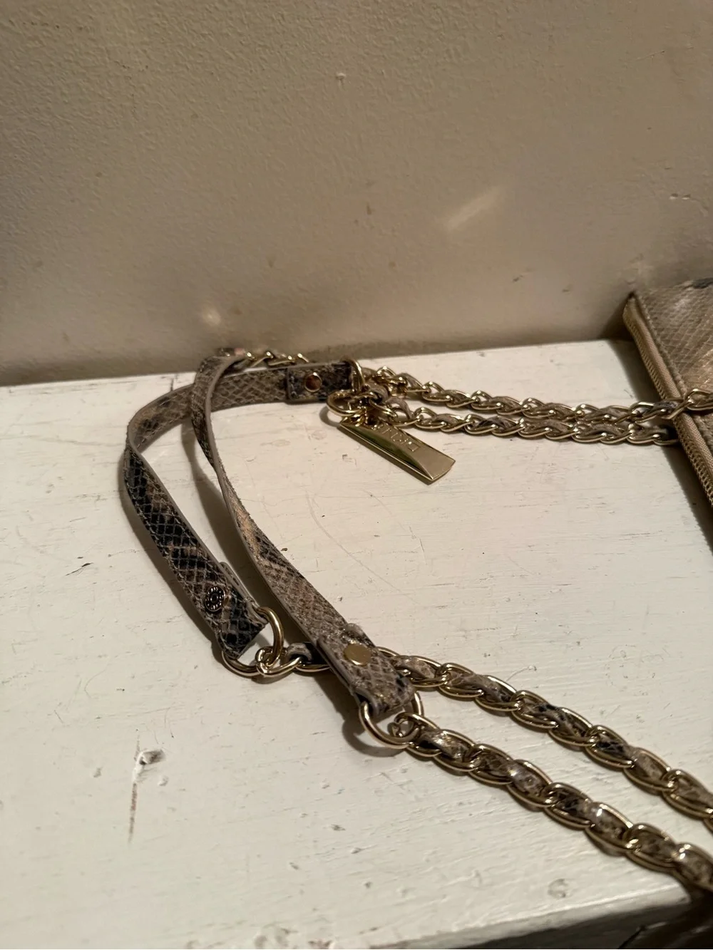 DKNY Metallic Gold Snake-Print Shoulder Bag with Chain Straps